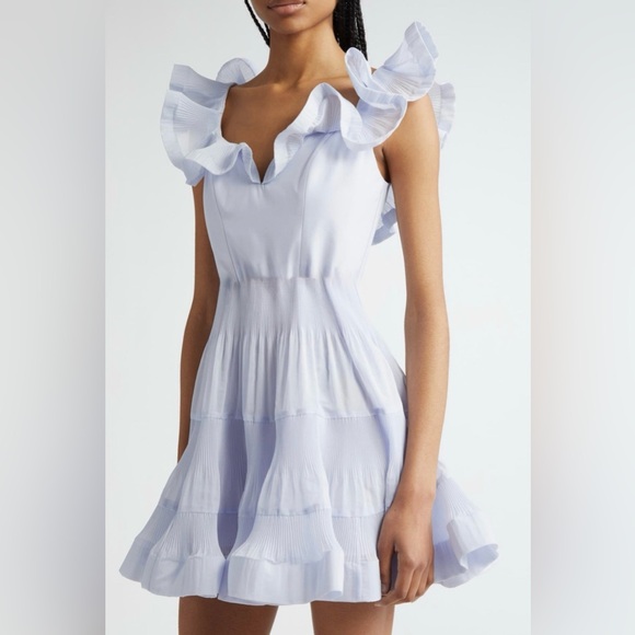 Zimmermann Pleated Frill Tiered Mini Dress Ruffle in Light Blue Size 0P